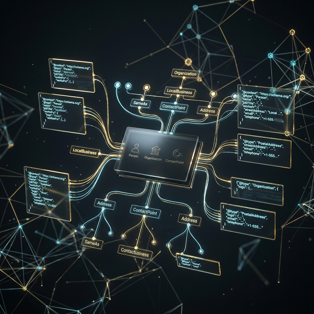 JSON-LD schema structured data visualization showing how local business data connects to AI search engines like ChatGPT and Perplexity